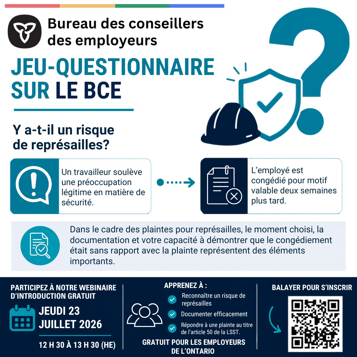 AskoeaFR's tweet photo. Un travailleur soulève une préoccupation légitime en matière de sécurité. 
Il est congédié pour motif valable deux semaines plus tard. 
 S’agit-il d’un risque de représailles?

Dans le cadre des plaintes pour représailles, le moment choisi, la documentation et votre capacité à démontrer que le congédiement était sans rapport avec la plainte représentent des éléments importants.

Participez à notre webinaire d’introduction gratuit le 23 juillet pour apprendre comment protéger vos décisions et réagir en toute confiance.

Date : Le jeudi 23 juillet | 12 h 30 (HE)
Inscription: https://t.co/5Xxhcy83eK