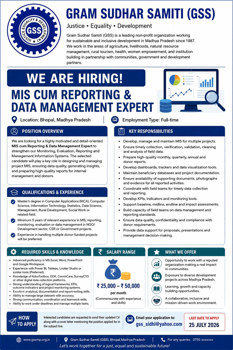 gssmp_org's tweet photo. We're Hiring!

Join Gram Sudhar Samiti (GSS), working since 1987 for sustainable rural development in Madhya Pradesh.

MIS cum Reporting &amp; Data Management Expert

💰 ₹25K–₹50K/month
📍 Bhopal
📅 Apply by 25 July
📩 gss_sidhi@yahoo.com
#Hiring #MIS #NGOJobs #GramSudharSamiti https://t.co/ir1E2L54MU