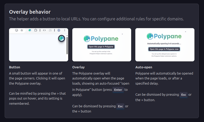 polypane's tweet photo. Our helper extension got a new update, adding even more options to help move your workflow over to Polypane.

Configure any domain to get a button, full page overlay or let it  automatically forward pages to Polypane.

Available for all the browsers. https://t.co/6YMk0bNSn9 https://t.co/5TPZWI71Po
