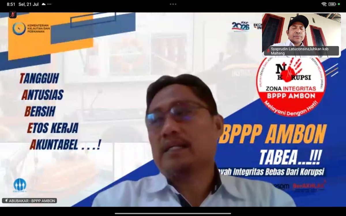 DConsina's tweet photo. Selasa 21/07/2026
Syaprudin Latuconsina Luhkan kab Maluku Tengah mengikuti Apel Pagi Lingkup Pegawai Satminkal BP3 Ambon.
#giatluhkansatminkalbp3ambon #luhkankabmalteng #luhlapor #websitebp3ambon @bppsdm_puslatkp @kkpgoid https://t.co/2dXJcqUC4G