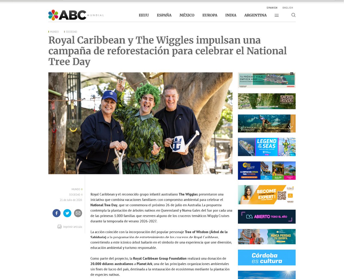 ABCMundial's tweet photo. Royal Caribbean y The Wiggles impulsan una campaña de reforestación para celebrar el National Tree Day
#RoyalCaribbean #TheWiggles #WigglyCruises 
@RoyalCaribbean 
👉 Leé la nota completa en ABC Mundial
https://t.co/wawjnng6Hs https://t.co/7eEXR0FQtK