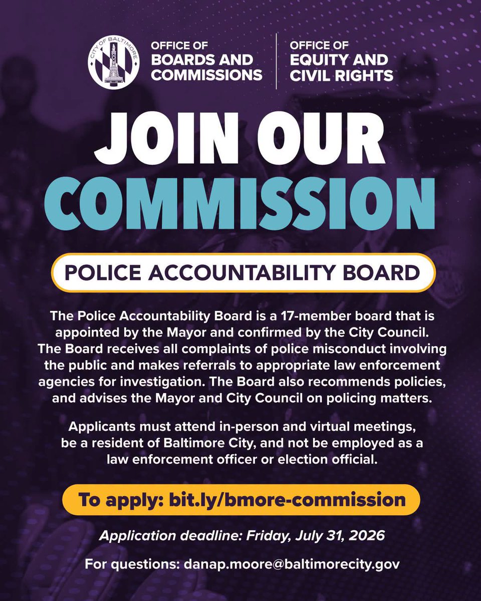 MayorBMScott's tweet photo. The Police Accountability Board are now accepting applications. Apply today: https://t.co/yaG3KqNiDv https://t.co/4kaHgBY9KL