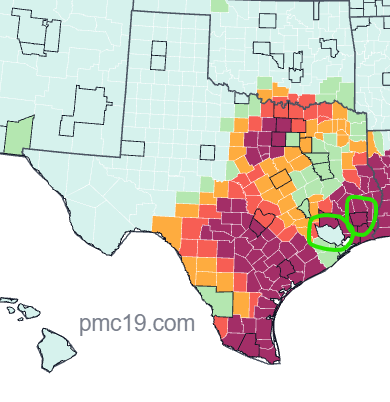 michael_hoerger's tweet photo. The county circled on the right (Hardin) has COVlD wastewater levels higher than the national average during the peak of BA.1. Omicron.

The one on the left is Harris county (Houston), and all of their data are at least 1-2 weeks behind, on top of the usual 1-week lag. https://t.co/zdTaDuziAq