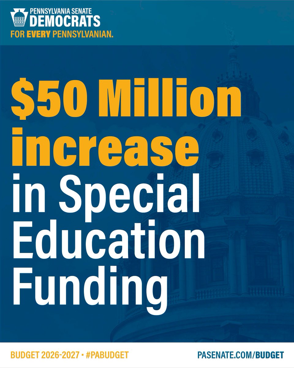 PaSenateDems's tweet photo. The 2026-2027 #PAbudget furthers our goal of making significant investments in our children's education. 

It includes: 
🔷 $50M increase for special education
🔷 $41.2M increase for early intervention
🔷 $10M increase for career and technical education https://t.co/xE4A9yQfC5