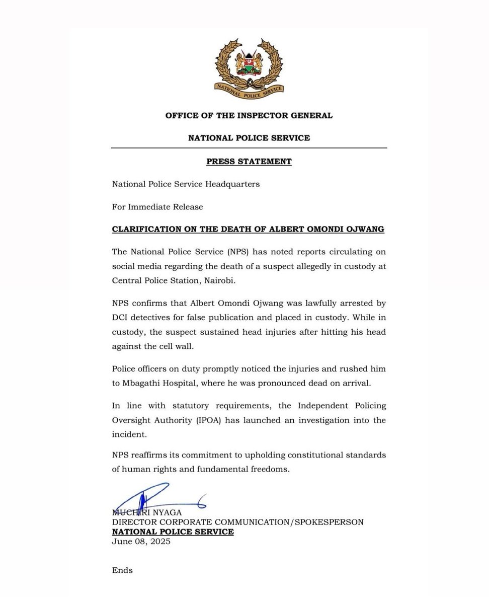 otienowill's tweet photo. I'll never forget the day Kenya Police spokesperson Muchiri Nyaga stood before the country and told Kenyans that Albert Ojwang had died after repeatedly hitting his head against a cell wall.

That statement has since been severely undermined by the evidence that emerged. Kenyans deserve to know who authorized that narrative, why it was presented as fact, and whether anyone will be held accountable for misleading the public.

A police spokesperson's duty is to inform the public truthfully, not to amplify falsehoods or premature conclusions.