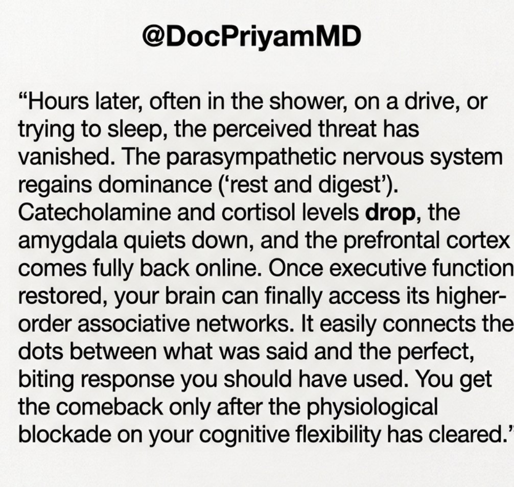 DocPriyamMD's tweet photo. I have tried to explain the answer in 3 parts. The first point is our amygdala literally gets hijacked, next factor is that there is inhibition of the prefrontal cortex, lastly hours later there is rebound of the parasympathetic system which allows us to think about the come-back https://t.co/cw1PL3JaP4