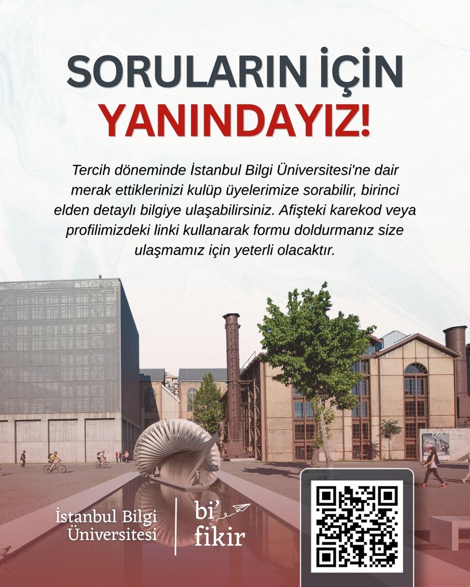 bilgi_bifikir's tweet photo. Geleceğini planlarken yalnız değilsin! 📩🙌🏻

​Tercih döneminde İstanbul Bilgi Üniversitesi, bölümler, kulüp faaliyetleri ve kampüs imkanları hakkında tüm merak ettiklerini Bi'Fikir Kulübü üyelerimize yöneltebilirsin.

Yapman gereken tek şey biyografimizdeki formu doldurmak! Biz sana en kısa sürede ulaşacağız.

​BİLGİ dünyasını birlikte keşfetmeye hazır mısın? 🚀

Detaylı Bilgi İçin: https://t.co/adm7b3vEYd

​#BilgiÜniversitesi #BiFikir #TercihGünleri #YKS #ÜniversiteTercihleri