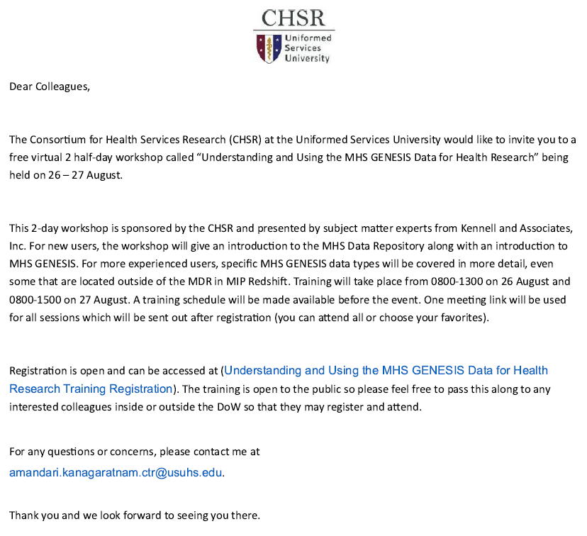CHSR_USU's tweet photo. The CHSR is hosting a FREE VIRTUAL 2-day workshop on using the MHS GENESIS Data for health research! 

The training schedule is as follows:
26 August @ 0800-1300
27 August @ 0800-1500

Register today at: https://t.co/CMzM2PzFpG

We look forward to seeing you there! https://t.co/dhUmWZlxhO