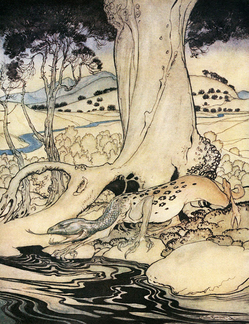 DrSamGeorge1's tweet photo. QUESTING BEAST This creature has a serpent's head, a leopard's body, a lion's haunches, dazzling green eyes &  deer's feet.  It's difficult to capture but not to hear. It's belly makes the sound of baying or questing hounds.  Images: Rackham, Romance of King Arthur, 1917; H. J. Ford, 1908 #FairyTaleTuesday