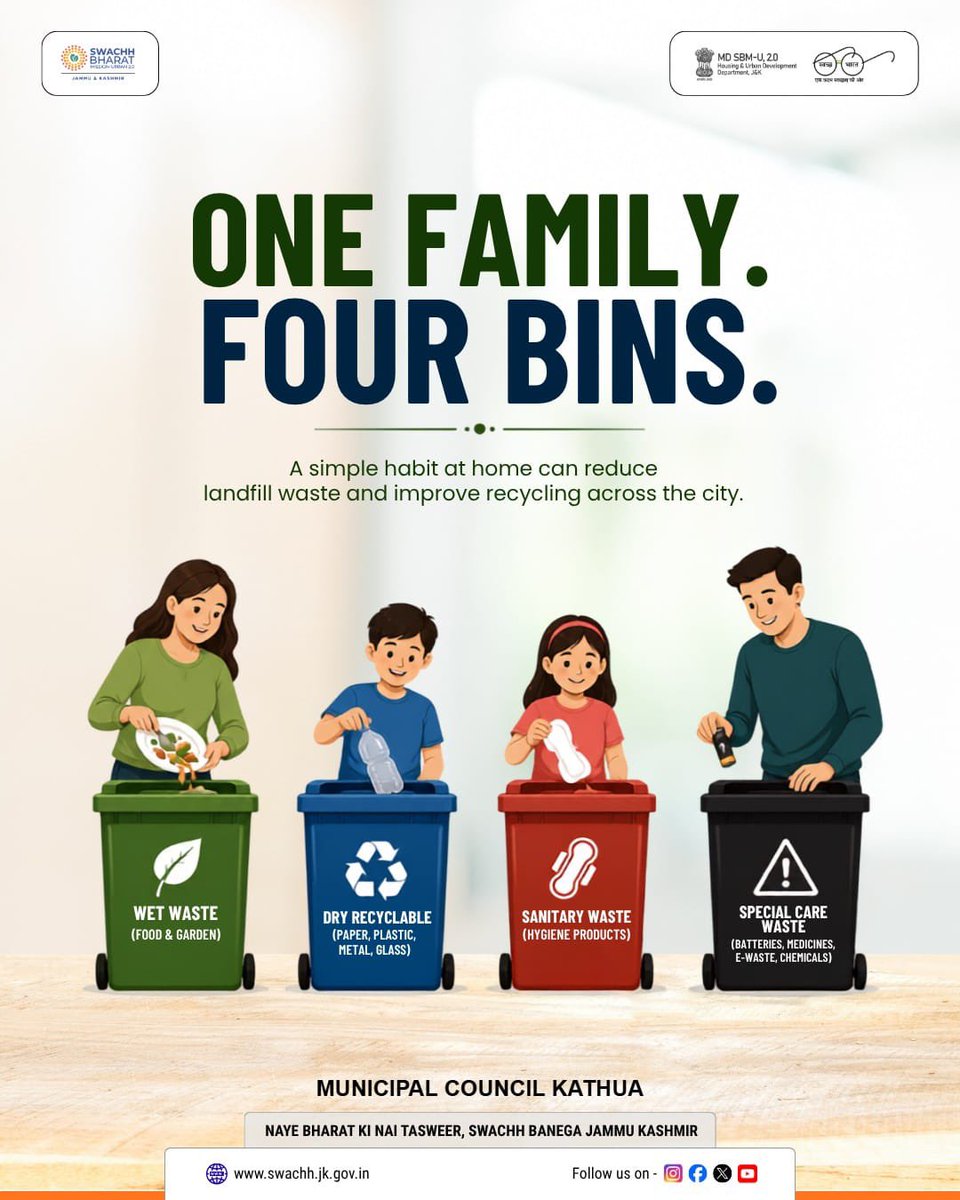 KathuaCouncil's tweet photo. One family 
four bins 
@mygovindia
@DiprKathua
@JammuUlb
@MoHUA_India
@AnissaNabi1
@md_sbm
@districtadmkat1
@JKHUDD1 https://t.co/HGpf3MKwpA
