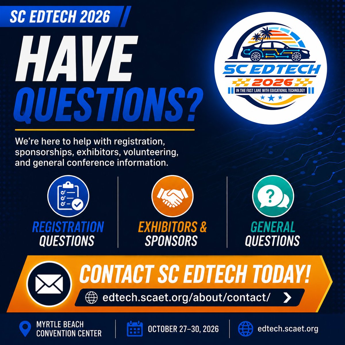 scedtech's tweet photo. ❓Questions about #SCEdTech2026?

Need help with registration, exhibitors, sponsorships, volunteering, or general conference information?

Contact us: https://t.co/5bd2GhTbzB https://t.co/vkQ8Db2EC1