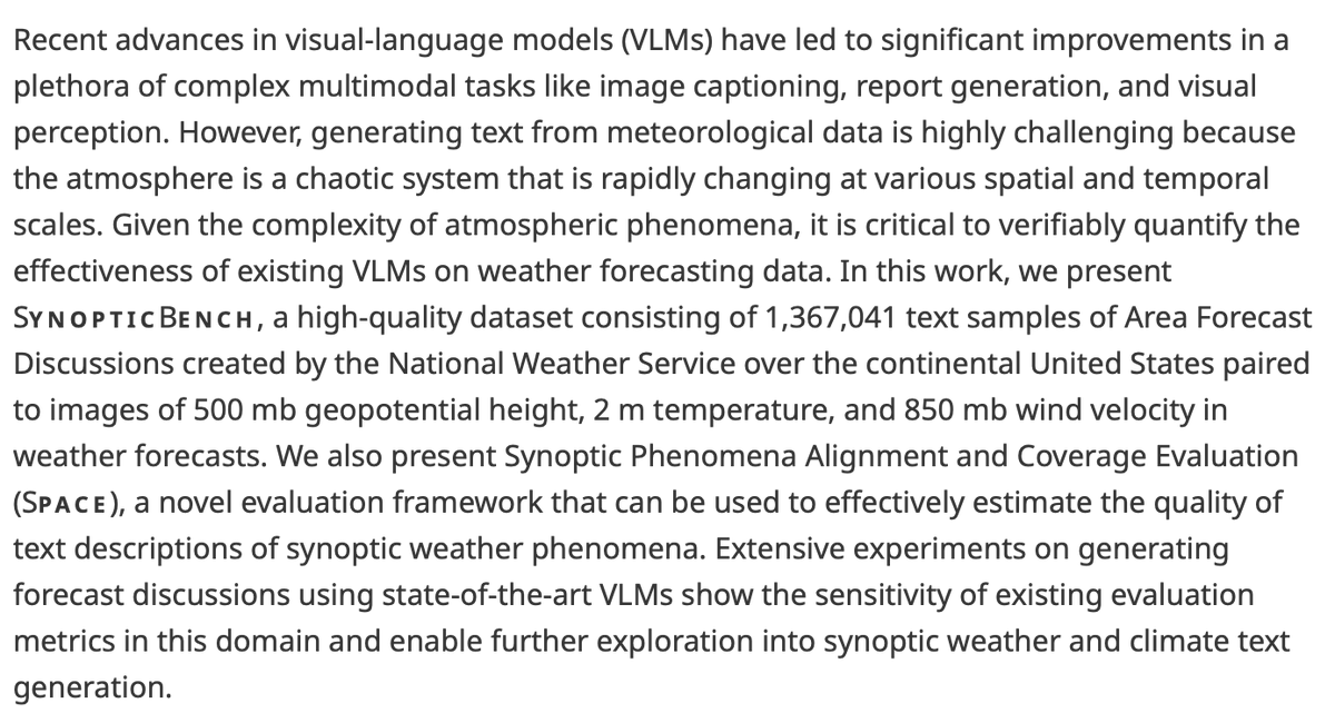 EnvDataScience's tweet photo. New article!

SYNOPTICBENCH: evaluating vision-language models on generating weather forecast discussions of the future

👉https://t.co/0ueUgpe4qI
✍️Timothy Higgins, @AntoniosMamala2 and @_cagarwal 

#visionlanguagemodel #multimodality #weatherforecasting https://t.co/mwUWCvoXuX