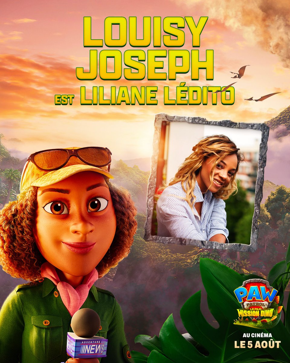 paramountfr's tweet photo. Toujours première sur l'actu des dinosaures ! 🦖🎤  Louisy Joseph des L5 est Liliane Edito dans La Pat’ Patrouille - Le Film : Mission Dino, au cinéma le 5 août. #LaPatPatrouilleLeFilm https://t.co/rO9whCUwfN