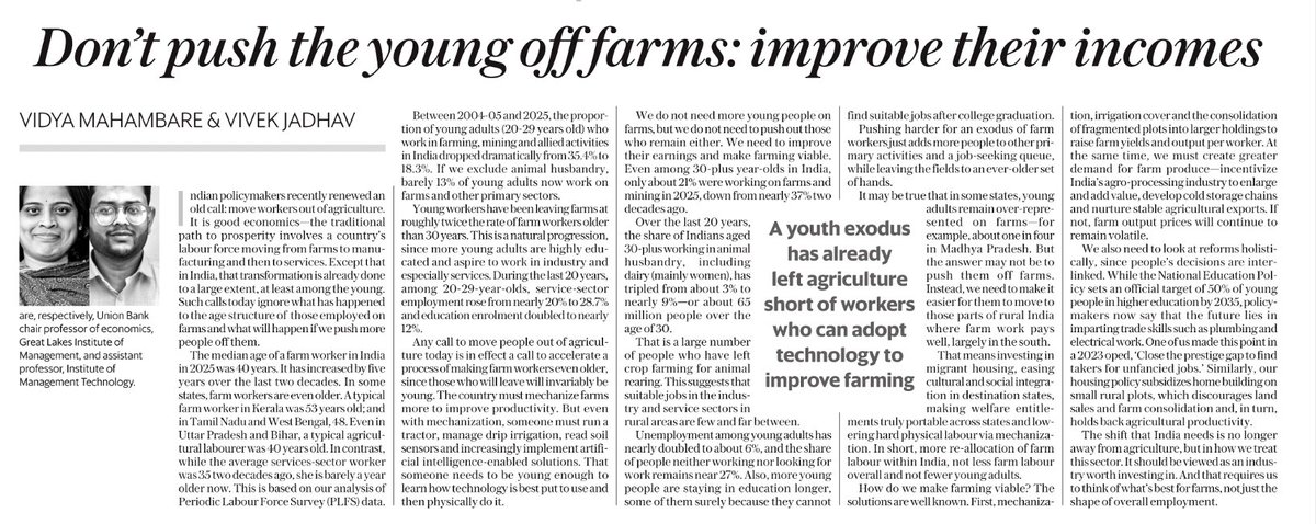 mahambare_vidya's tweet photo. Does India need more young people to move off farms? In a contrary opinion, we say no. 

Only 13% of Indians in their twenties work on farms.

The median age of farm workers is now 40 yrs. In Kerala, 53 yrs. We may need some reallocation regionally, but not more young moving out. https://t.co/ZaaRJ3USMV