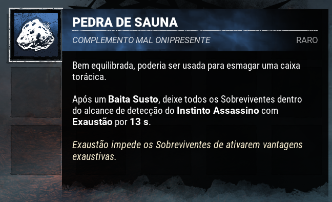 DicasByDaylight's tweet photo. Um dos addons do Jason que é bastante utilizado foi alterado na atualização 10.0.3.

Pedra de Sauna vai aplicar apenas 3 segundos de Exaustão no lugar de 13s. https://t.co/cPJoiklxxL
