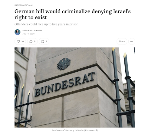 glukianoff's tweet photo. Germany is considering up to five years in prison for publicly denying Israel’s right to exist.

However offensive one might consider the speech, letting the government decide which political positions are legal is a dangerous power. https://t.co/U7Ihuf0gRJ