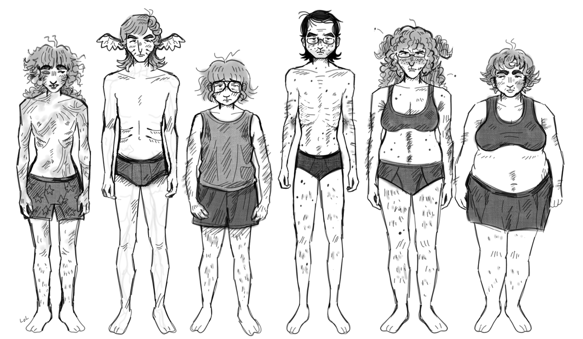 tsumuan's tweet photo. body drawing exercise with all my human OCs,, reposted because i spent a night tweaking the piece like a normal fucking person. 
Now fire! https://t.co/8g5ysSWICa