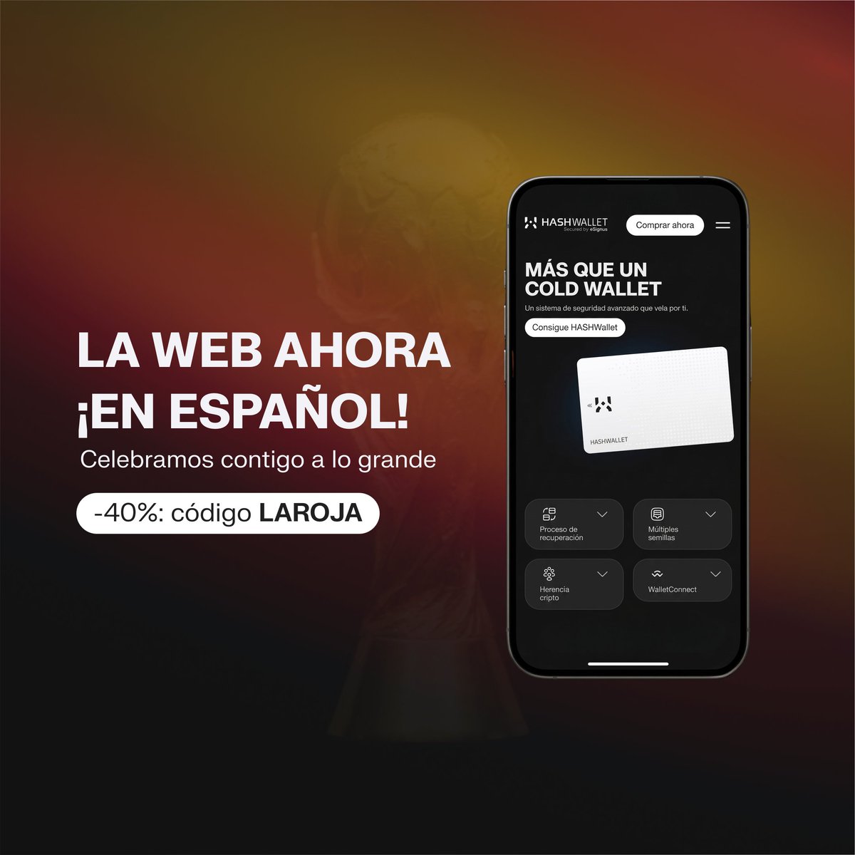 hashwallet's tweet photo. 🇪🇸 España, campeona del mundo. Y queremos celebrarlo a lo grande.
¡La web de HASHWallet ya está disponible en español!

No os olvidéis de que hay un 40% de descuento. Un descuento sin precedentes y que será el mejor descuento del año y probablemente no vuelva a repetirse.

Código LAROJA · Termina el 23 de julio 🏆

👉 https://t.co/mh58E7NoJy