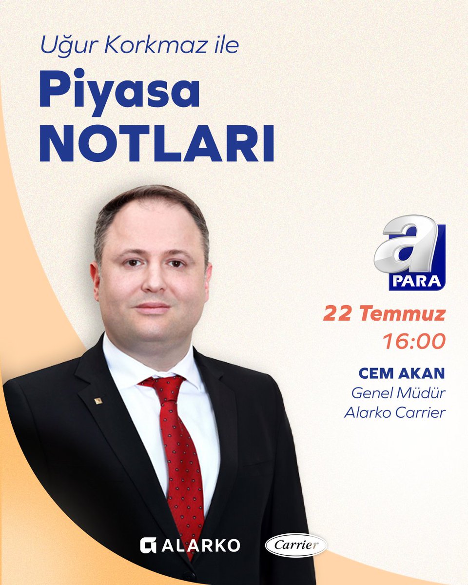 alarko_carrier's tweet photo. Genel Müdürümüz Cem Akan, 22 Temmuz Çarşamba günü saat 16.00'da, Uğur Korkmaz'ın sunduğu A Para ekranlarındaki "Piyasa Notları" programının canlı yayın konuğu olacak.
#AlarkoCarrier #APara #PiyasaNotları https://t.co/nX8NLFCUYk