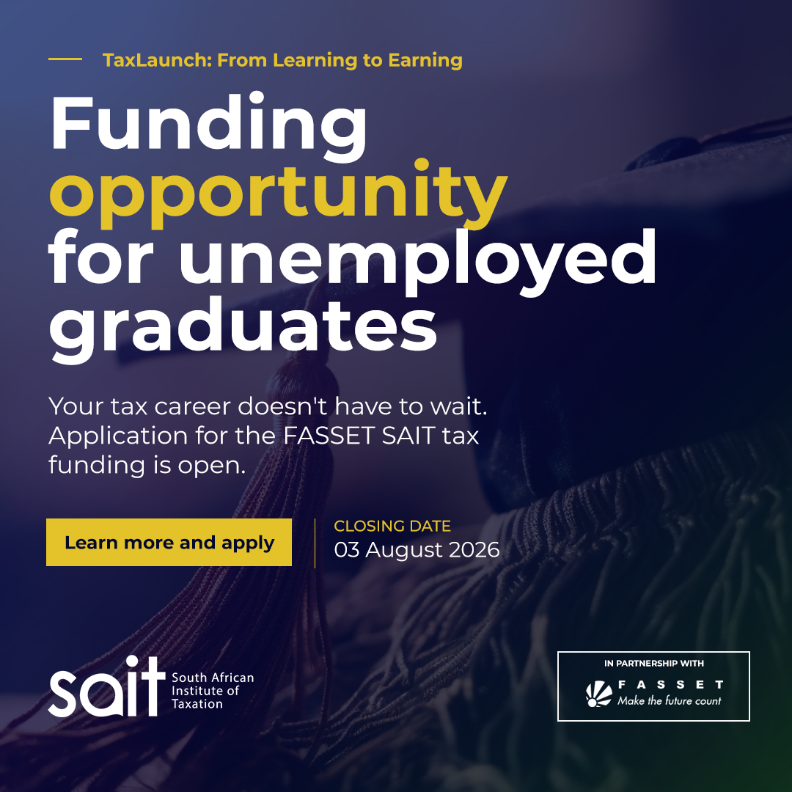 ins_sait's tweet photo. If you are a South African, unemployed BCom NQF Level 7 graduate, this could be your opportunity to launch your career in the tax profession.
TaxLaunch gives you:
•Professional SAIT membership
•Tax technical competence
•Work-readiness & employability
•Direct links to tax, accounting & finance employers
Who can apply? 
•Unemployed South African graduates (or graduates currently completing a learnership/traineeship and not permanently employer)
•Graduates who hold at least a BCom NQF Level 7 qualification with two or more completed tax modules
•Applicants who are committed to completing the full programme from Aug 2026 to June 2027
Applicants who are able to access a reliable laptop/computer and stable internet connection, as the programme will be delivered online.

Applications close 23:59 on 3 August 2026 
Apply at https://t.co/PpHEa8xqII

#TaxLaunch #SAIT #FASSET #TaxCareer #UnemployedGraduates #NQF7 #TaxProfession