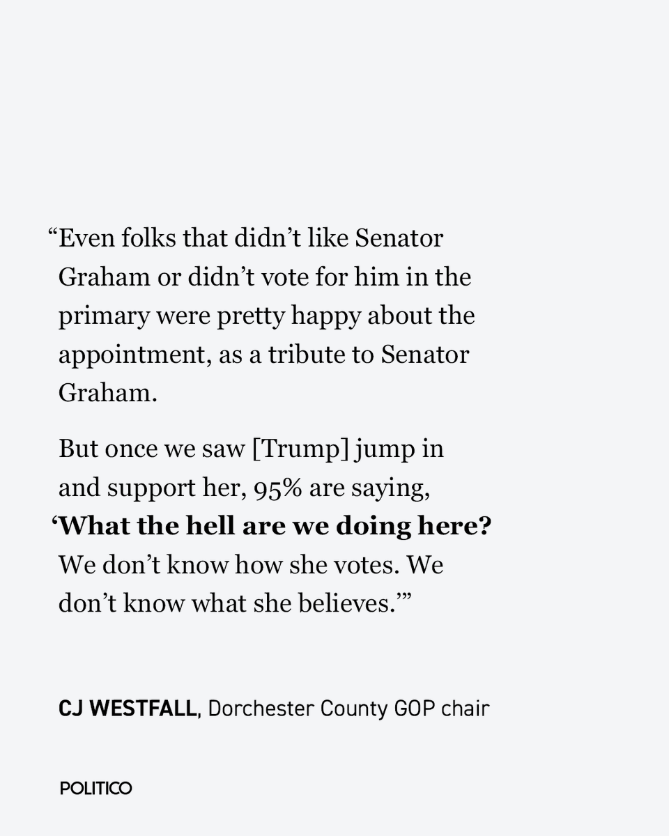 politico's tweet photo. There’s a power struggle brewing in South Carolina over Lindsey Graham’s Senate seat — and Trump may not win.

Trump endorsed Darline Graham to fill her late brother’s seat, but that hasn’t dissuaded a crowded field of opponents.

🔗https://t.co/racgcIdHX0 https://t.co/NNKSWsAg8a