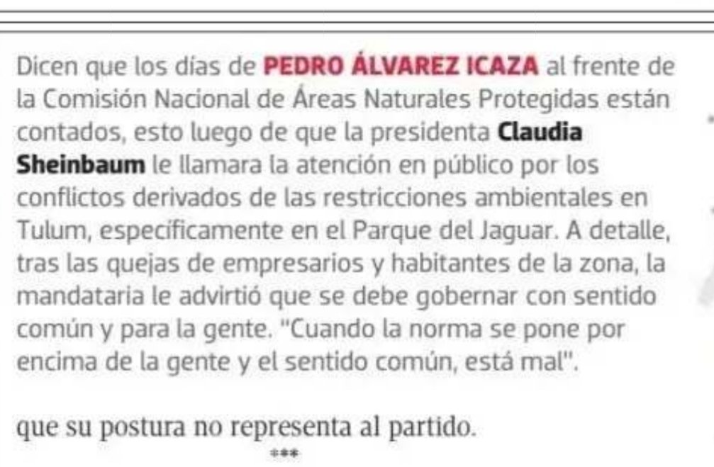 NotiPesca's tweet photo. En el @elsolde_mexico, sección "#AlaSombra" señalan que pronto habría cambios en la @CONANP_mx luego de que la presidenta @Claudiashein le llamó la atención al titular por un asunto medioambiental en Tulum; otros asuntos medioambientales se dirimen en Punta Mita y en Manzanillo. https://t.co/44ifG5hSTX