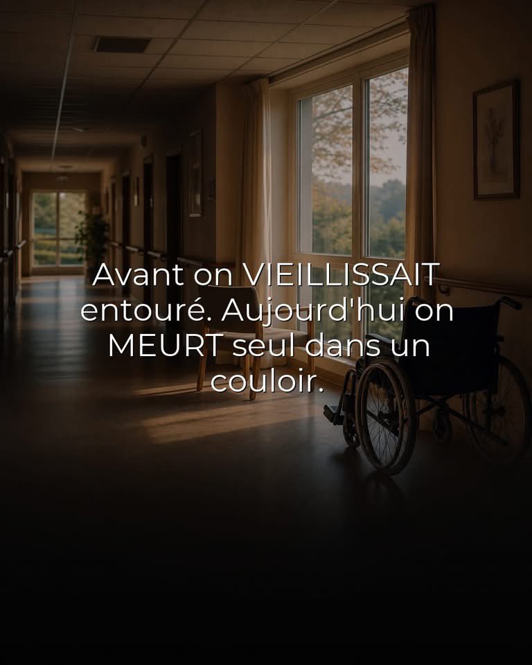 veritebeaute's tweet photo. Avant, on vieillissait au milieu des siens. Le grand âge se vivait à la maison, entouré d'enfants, de petits-enfants, de voisins. On mourait chez soi, dans son lit, la main tenue par un proche.

La mort faisait partie de la vie. Les enfants voyaient leurs grands-parents vieillir et partir, à la maison. On veillait les morts, on les pleurait ensemble, on les accompagnait dignement. Le grand âge et la mort étaient intégrés, naturels, entourés.

Aujourd'hui ? On vieillit dans des institutions. Et trop souvent, on meurt seul. Dans une chambre d'EHPAD, la nuit, sans famille présente. Ou dans un couloir d'hôpital, sur un brancard, faute de place, entouré d'inconnus pressés.

On a médicalisé, institutionnalisé, éloigné la vieillesse et la mort. On ne veut plus les voir. On les cache dans des établissements spécialisés, loin des regards, loin de la vie.

Résultat : des milliers de personnes âgées meurent chaque année dans une solitude absolue. Sans une main aimée à tenir. Sans un visage familier. Seules, au terme d'une vie parfois pleine d'amour et de dévouement.

Celui qui a élevé quatre enfants meurt sans qu'aucun soit là. Celle qui a tant donné s'éteint entre les mains d'une infirmière débordée qui ne connaît même pas son histoire.

On a gagné en confort médical, en prise en charge technique. On a perdu l'accompagnement humain, la présence, la dignité de la fin de vie entourée.

Cette solitude de la mort moderne, est-elle le prix inévitable du progrès, ou l'échec le plus profond de notre société ?

Vous voudriez mourir comment, vous ? Entouré, ou seul dans un couloir ? Et vos parents, vous y avez pensé ?