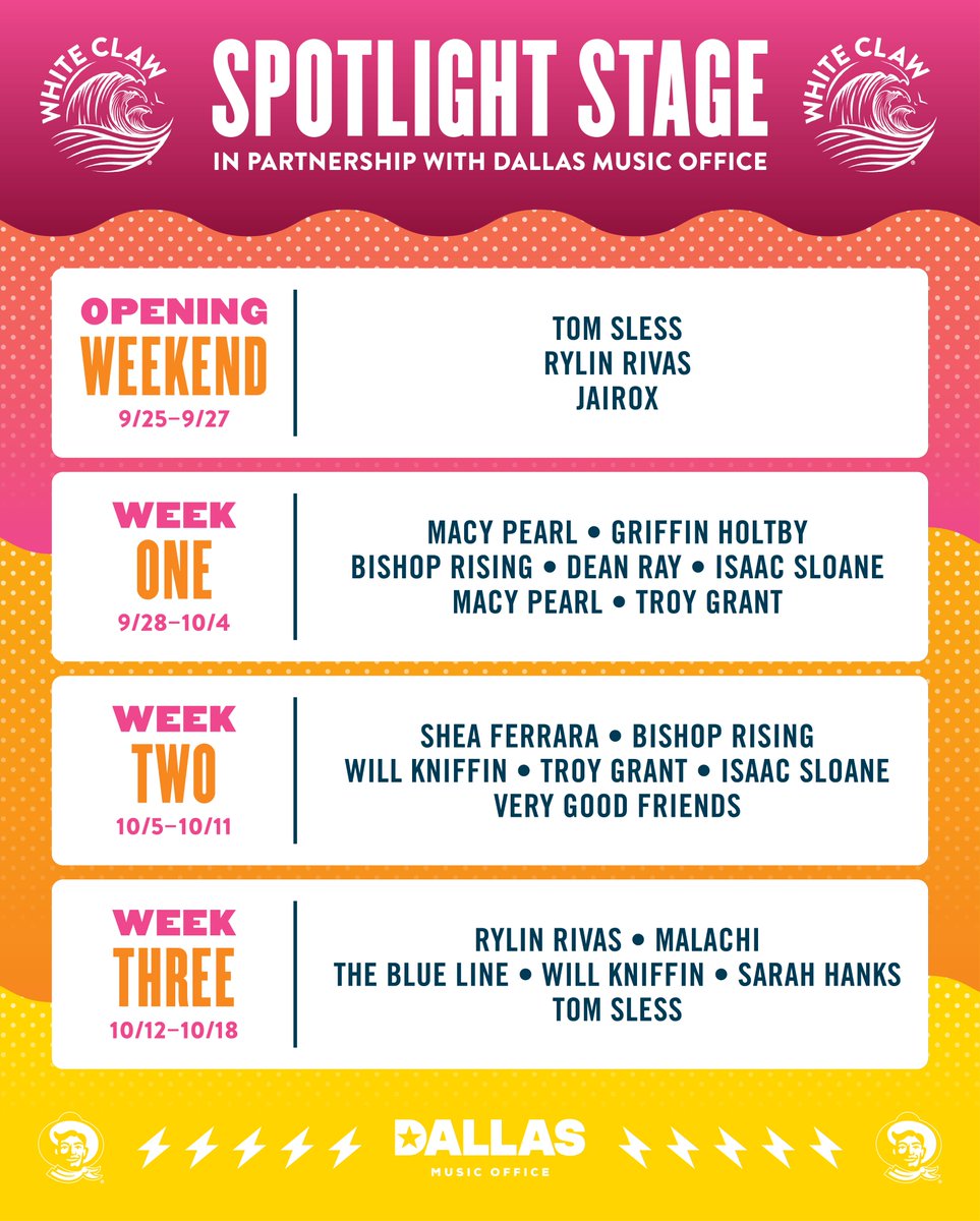 StateFairOfTX's tweet photo. MORE FREE LIVE MUSIC! 🤠🎶 We’re excited to announce the lineups for three stages across the Fairgrounds, bringing even more local Texas talent to the State Fair of Texas!

🎵The @BudLight Stage, near Cotton Bowl® Stadium, will showcase local and regional talent just steps away from all your fried food favorites.

🎶NEW this year, the @ZiegenBockBeer Stage will make its debut at the newly renovated Old Mill Inn near Big Tex Circle, pairing live music with delicious food and drinks in the shadow of Big Tex.

🎵The @WhiteClaw Spotlight Stage, in partnership with the Dallas Music Office, will bring a variety of artists from the Dallas music scene to the Grove on Nimitz.

Three stages. Plenty of Texas talent. And it’s all included with your Fair admission! Click here for all the live music: https://t.co/x6ezNdxuTW
