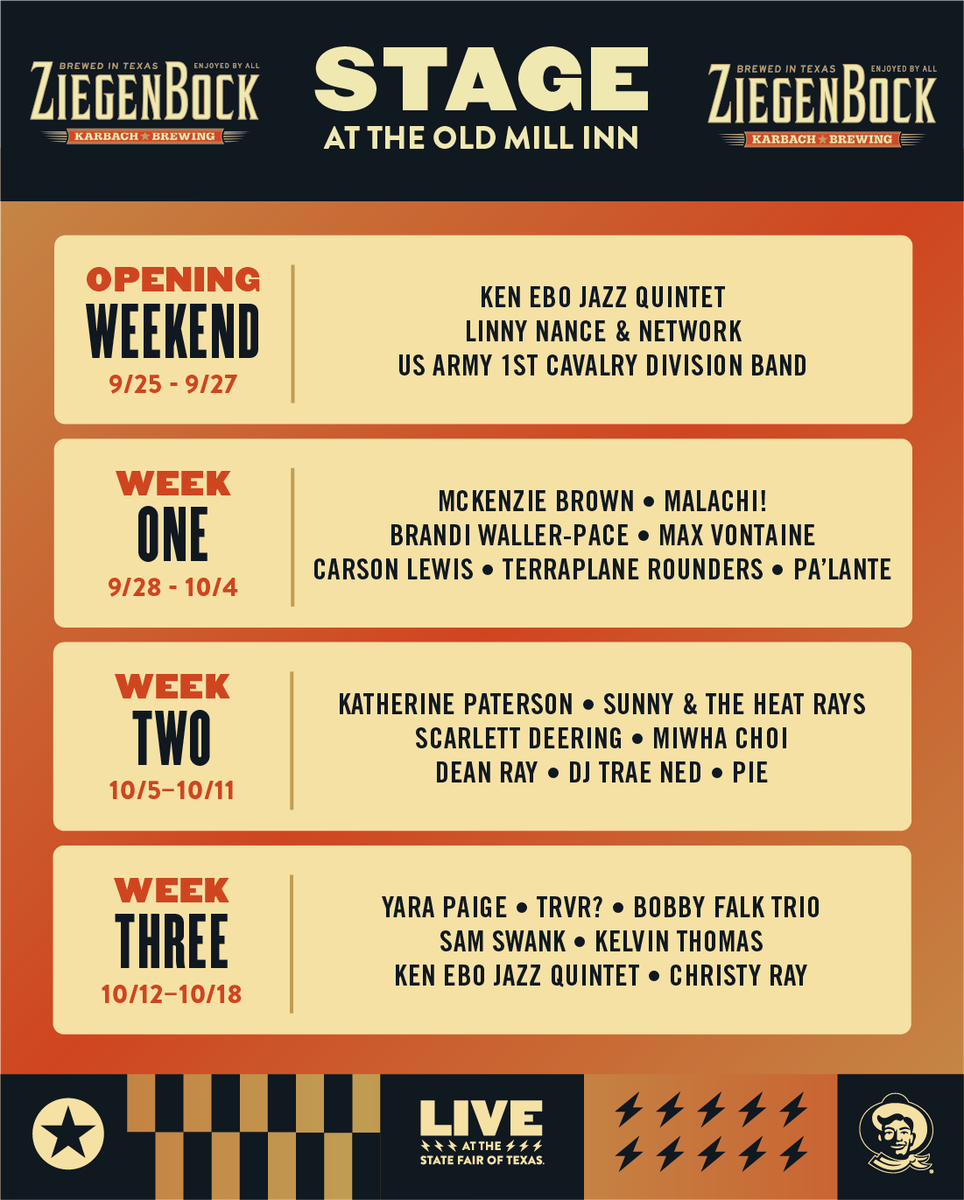 StateFairOfTX's tweet photo. MORE FREE LIVE MUSIC! 🤠🎶 We’re excited to announce the lineups for three stages across the Fairgrounds, bringing even more local Texas talent to the State Fair of Texas!

🎵The @BudLight Stage, near Cotton Bowl® Stadium, will showcase local and regional talent just steps away from all your fried food favorites.

🎶NEW this year, the @ZiegenBockBeer Stage will make its debut at the newly renovated Old Mill Inn near Big Tex Circle, pairing live music with delicious food and drinks in the shadow of Big Tex.

🎵The @WhiteClaw Spotlight Stage, in partnership with the Dallas Music Office, will bring a variety of artists from the Dallas music scene to the Grove on Nimitz.

Three stages. Plenty of Texas talent. And it’s all included with your Fair admission! Click here for all the live music: https://t.co/x6ezNdxuTW
