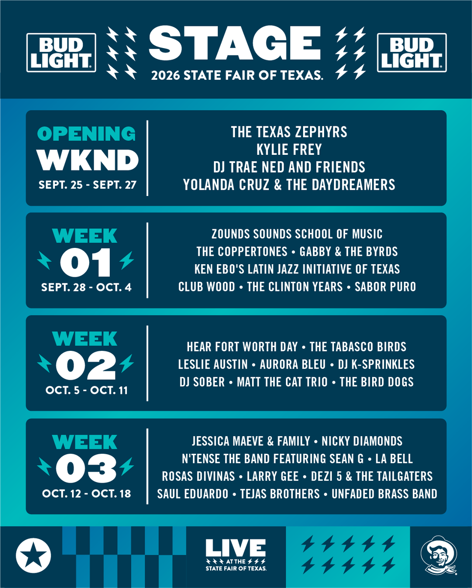StateFairOfTX's tweet photo. MORE FREE LIVE MUSIC! 🤠🎶 We’re excited to announce the lineups for three stages across the Fairgrounds, bringing even more local Texas talent to the State Fair of Texas!

🎵The @BudLight Stage, near Cotton Bowl® Stadium, will showcase local and regional talent just steps away from all your fried food favorites.

🎶NEW this year, the @ZiegenBockBeer Stage will make its debut at the newly renovated Old Mill Inn near Big Tex Circle, pairing live music with delicious food and drinks in the shadow of Big Tex.

🎵The @WhiteClaw Spotlight Stage, in partnership with the Dallas Music Office, will bring a variety of artists from the Dallas music scene to the Grove on Nimitz.

Three stages. Plenty of Texas talent. And it’s all included with your Fair admission! Click here for all the live music: https://t.co/x6ezNdxuTW