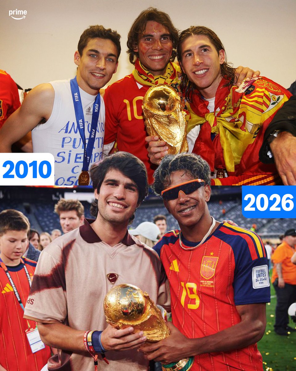 PVSportFR's tweet photo. 🤯 L'histoire se répète !

2010 🇪🇸
🎾 Rafael Nadal devient le plus jeune joueur à compléter un Grand Chelem en carrière.
🏆 L'Espagne remporte la Coupe du monde.

2026 🇪🇸
🎾 Carlos Alcaraz devient à son tour le plus jeune joueur à compléter un Grand Chelem en carrière.
🏆 L'Espagne remporte la Coupe du monde.

👀 Coïncidence ou destin ?

Via @FIFAcom / @carlosalcaraz