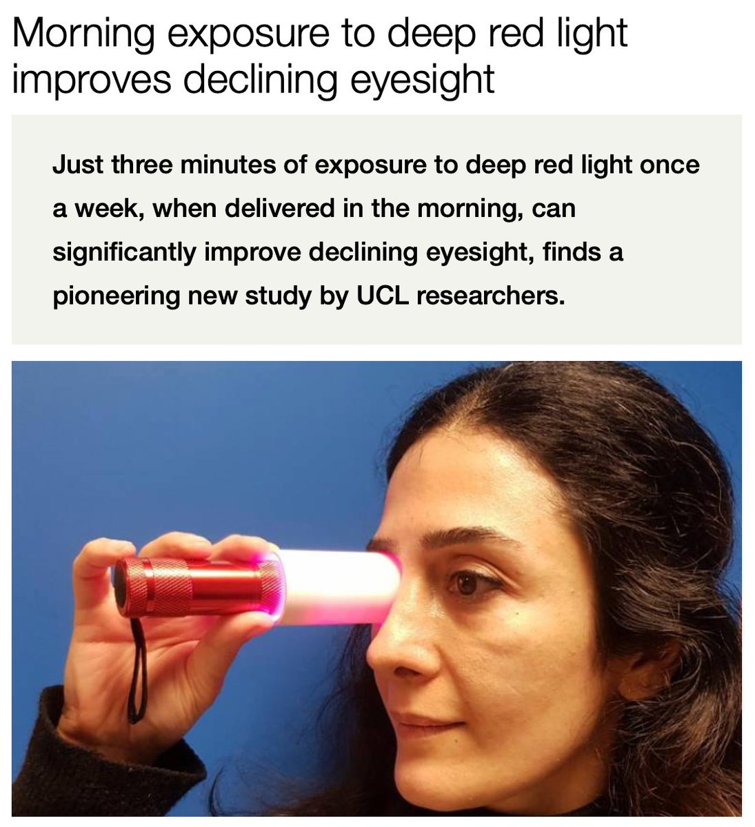 lowmegatron's tweet photo. Red light improves eyesight by restoring energy.

In this study low-light vision (night vision, handled by the rods) and blue color contrast improved in people over 40.

“Here, we use 670-nm (red) light to improve photoreceptor performance and measure this psychophysically in those aged 28-72 years... in those around 40 years and older, significant improvements were obtained in color contrast sensitivity for the blue visual axis known to display mitochondrial vulnerability. The red visual axis (protan) improved but not significantly. Rod thresholds also improved significantly in those >40 years. Using specific wavelengths to enhance mitochondrial performance will be significant in moderating the aging process in this metabolically demanding tissue.”

You can’t use any random red light, and higher power is not better.

“For this study the light energy emitted by the LED torch was just 8mW/cm2, rather than 40mW/cm2, which they had previously used. This has the effect of dimming the light but does not affect the wavelength. While both energy levels are perfectly safe for the human eye, reducing the energy further is an additional benefit.”

Ref: Optically Improved Mitochondrial Function Redeems Aged Human Visual Decline https://t.co/yfGteswNJm