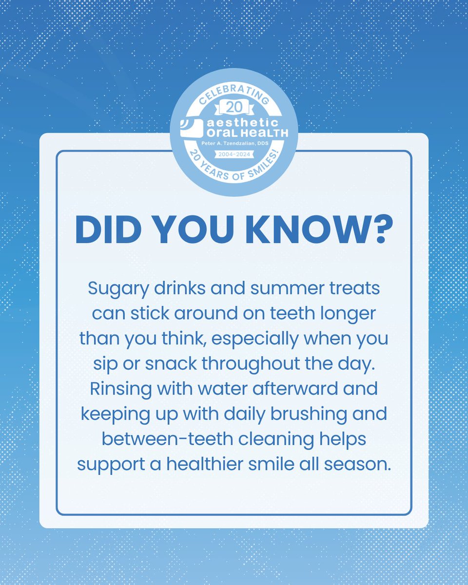 DrPeterTz's tweet photo. Summer treats can be fun, but sugary drinks and snacks can stay on teeth longer than you might expect. Rinsing with water afterward and keeping up with daily brushing can help support a healthier smile all season. Learn more at https://t.co/rONLdbammD. https://t.co/vGke2eGhG1