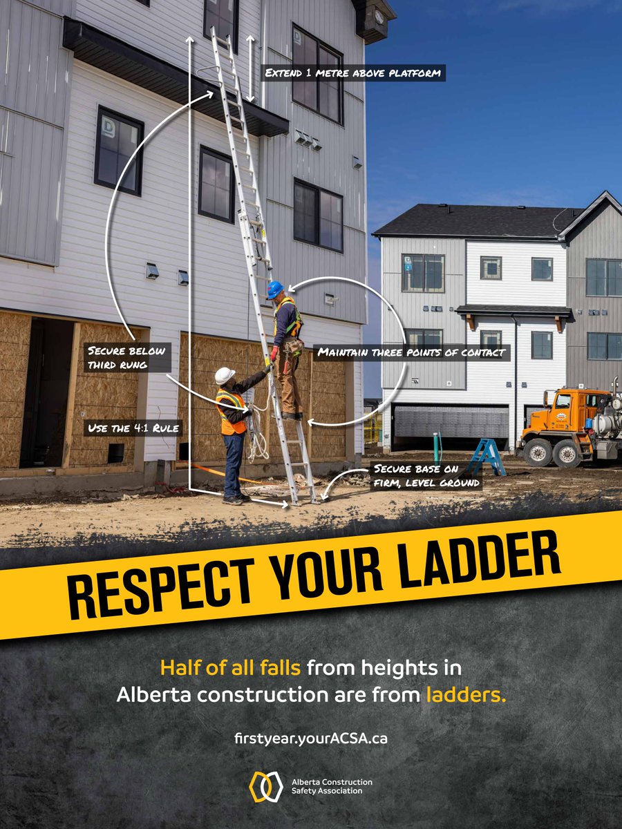 OfficialACSA's tweet photo. Choose the right ladder. Inspect it before use. Secure it before climbing. 
Access a ladder safety poster, checklist, CSTS video clip and other first-year worker resources at https://t.co/C15ksIhMRo. 

#FirstYearSafety #InjuryPrevention #ABConstruction #HealthandSafety #WorkplaceSafety