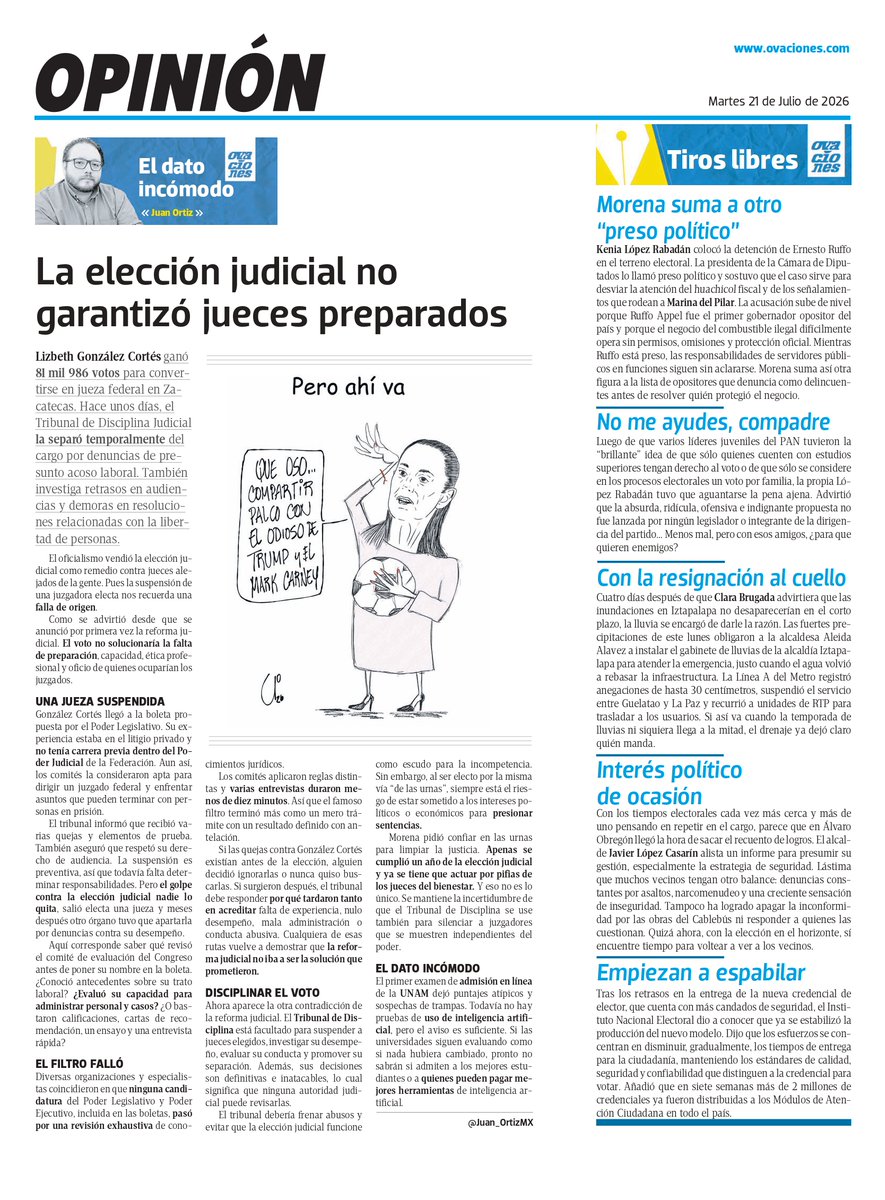 Juan_OrtizMX's tweet photo. 🗳️📌 LA ELECCIÓN JUDICIAL NO GARANTIZÓ JUECES PREPARADOS

Lizbeth González Cortés obtuvo 81 mil 986 votos para convertirse en jueza federal en Zacatecas.

Meses después, el Tribunal de Disciplina Judicial la suspendió temporalmente.

Investiga denuncias por presunto acoso laboral, retrasos en audiencias y demoras en resoluciones relacionadas con la libertad de personas.

La suspensión es preventiva.

Todavía falta determinar responsabilidades.

Pero el caso exhibe una falla de origen.

González Cortés llegó a la boleta por propuesta del Poder Legislativo.

Ahí, el trabajo del Comité de Evaluación fue deficiente.

Hubo entrevistas de menos de diez minutos y sin evaluaciones exhaustivas de conocimientos jurídicos.

¿Como arreglar fallas cuándo el error mayor sigue siendo ley?

▶️ @ovaciones