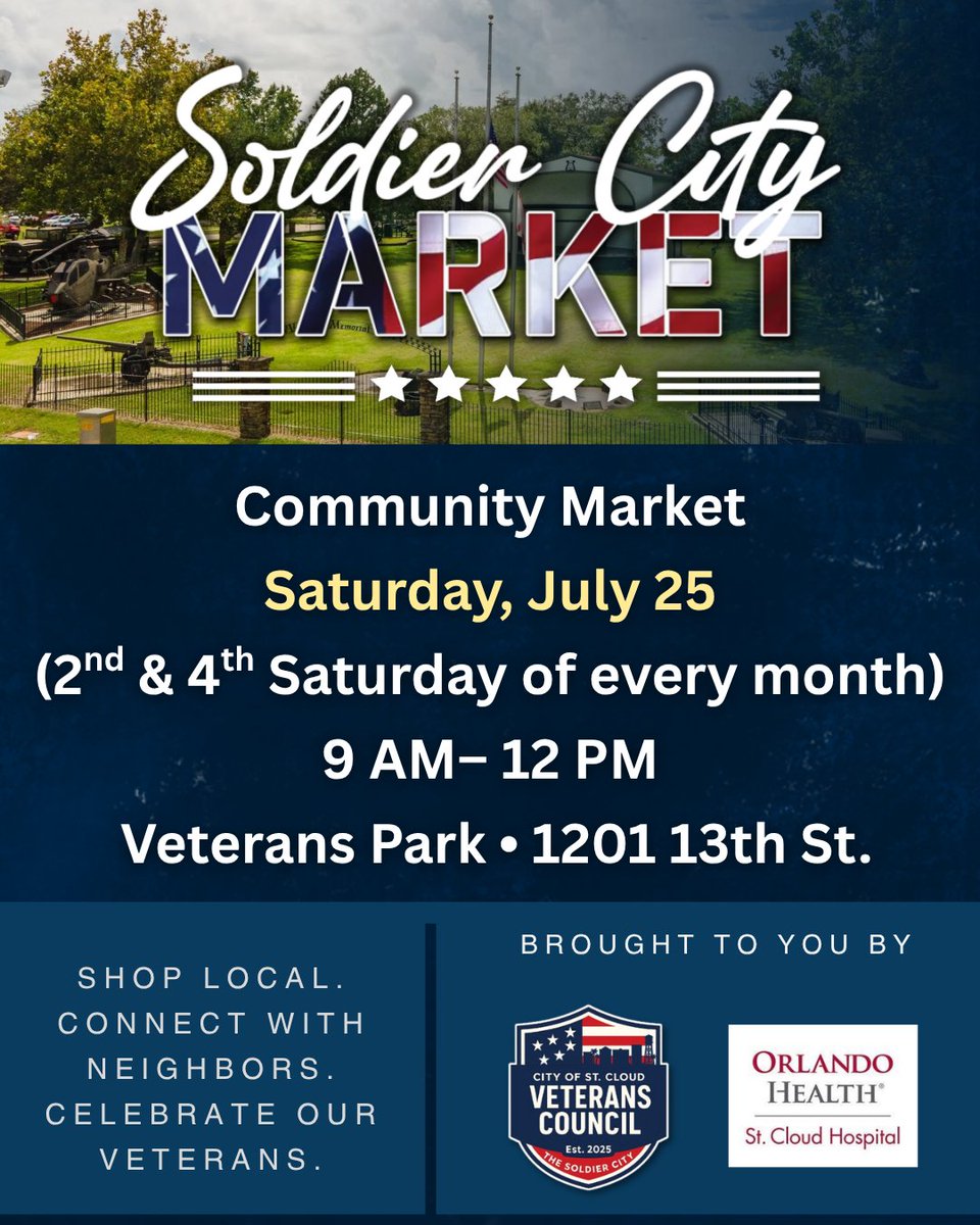 CityofStCloudFL's tweet photo. Join us this Saturday, July 25, from 9 a.m.–12 p.m. at Soldier City Market in Veterans Park!

Shop local vendors, enjoy live entertainment, connect with veterans resources, and meet new friends. Free admission!

Veterans Park
1201 13th St., St. Cloud https://t.co/zVTD7Ni0IE