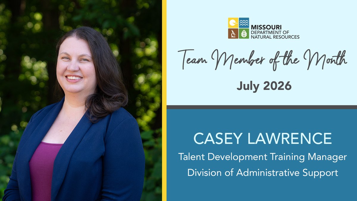 MoDNR's tweet photo. 🎉Congratulations to Casey Lawrence, MoDNR’s Team Member of the Month for July. Casey is being recognized for rebuilding the Talent Development team, filling key vacancies, and helping relaunch internal training programs.

Learn more about Casey's work at https://t.co/EI6YowZ8F4 https://t.co/C7Ip4pvNRp