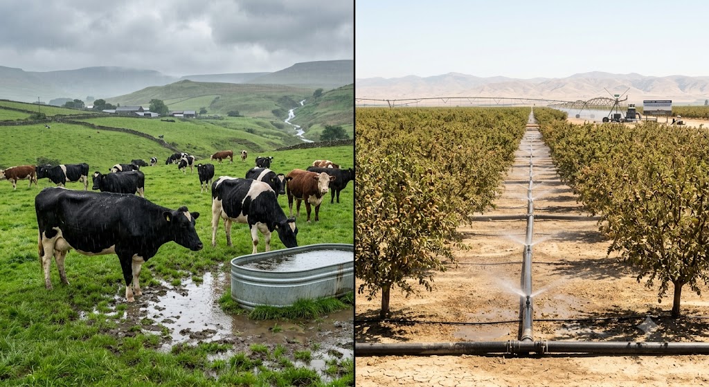 SamaHoole's tweet photo. Fifteen thousand litres of water to make one kilo of beef. It is the number on every poster, and it is real. So ask the one question the poster is praying you will not.

Where did the water come from?

Because 94% of that figure is rain. Green water, the science calls it, rain that fell on a Welsh hillside and would have fallen whether or not a single cow was standing in it. It landed on the grass, the grass grew, the cow ate the grass. Nobody diverted a river. Nobody drained an aquifer. The sky did what the sky does, and a cow stood underneath it.

Strip the rain out and look at what she actually drank. Around 1% of the total. The trough, the tap, the bit a human might reasonably call a cost. One per cent.

Now do an almond. Twelve litres of pumped, irrigated groundwater per single almond, sucked out of a Californian aquifer that is sinking a foot a year and not coming back. Fifty of them in a glass of almond milk. Six hundred litres, and not much of it fell from the sky.

The cow drinks the rain that was going to fall anyway. The almond drinks the river everyone downstream was counting on.

One of those got a poster.