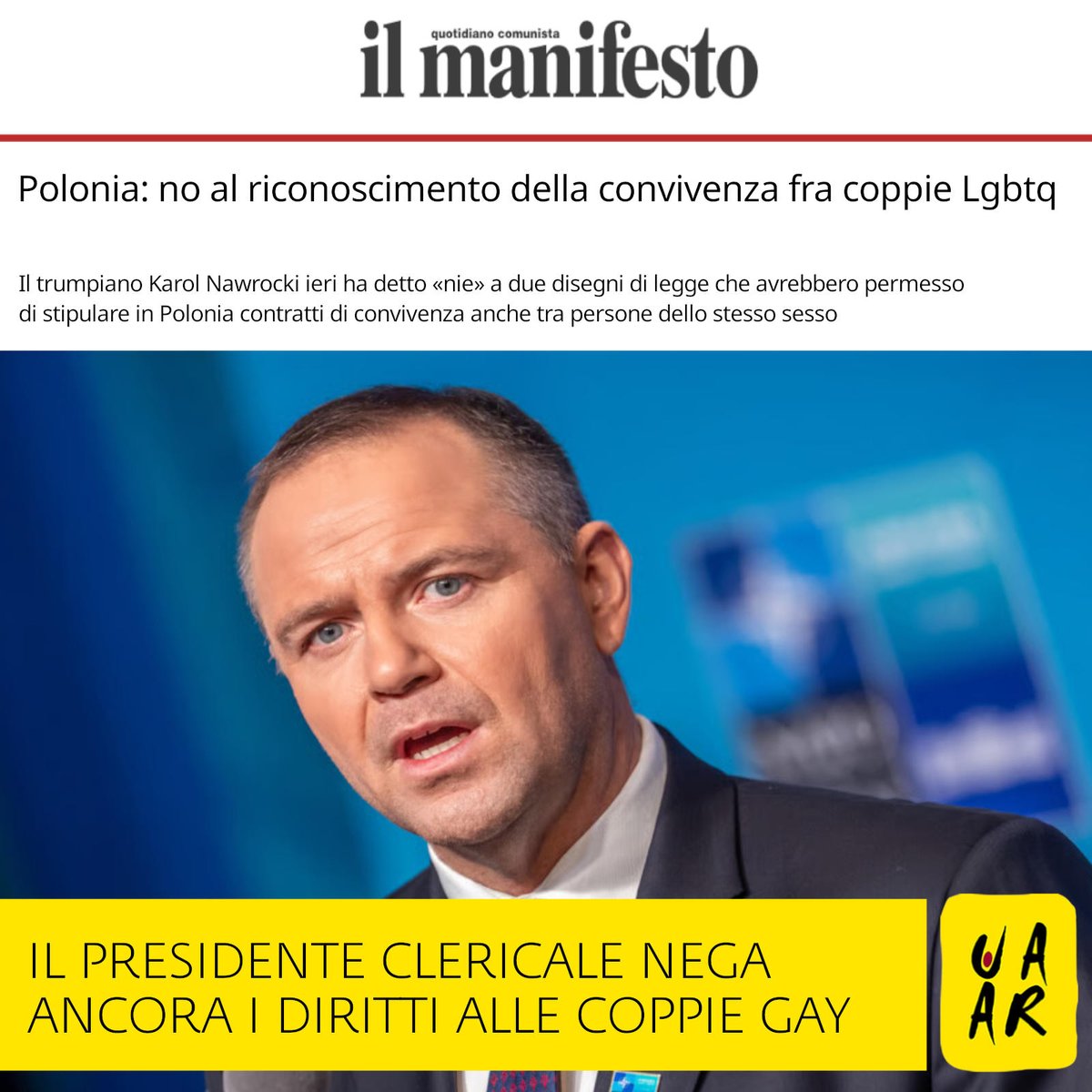 UAAR_it's tweet photo. #Polonia, il presidente Karol Nawrocki mette il veto su due leggi per dare diritti alle coppie #lgbt. Il capo dello Stato, cattolico integralista espressione del partito conservatore, boicotta le riforme laiche della coalizione di premier Donald Tusk.👇️
https://t.co/fq6bt7wMdM https://t.co/6HQaI2ZRDp