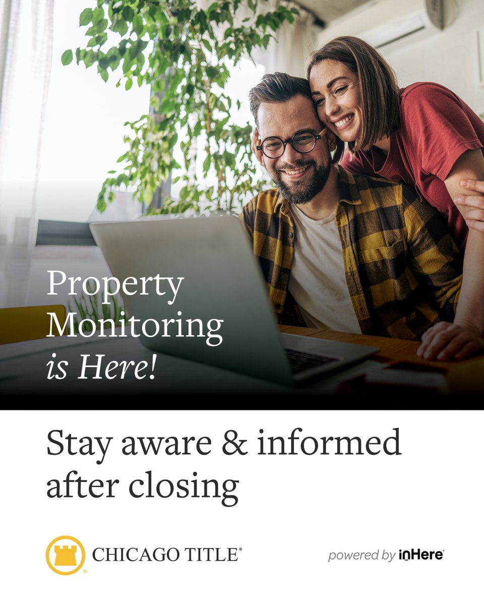 ChicagoTitleSD's tweet photo. New: Property Monitoring.

A complimentary service that helps your clients stay informed about activity related to their property after closing —at no cost and no extra work for you.

Offering Solutions, beyond the transaction. https://t.co/7V33mPuuXF