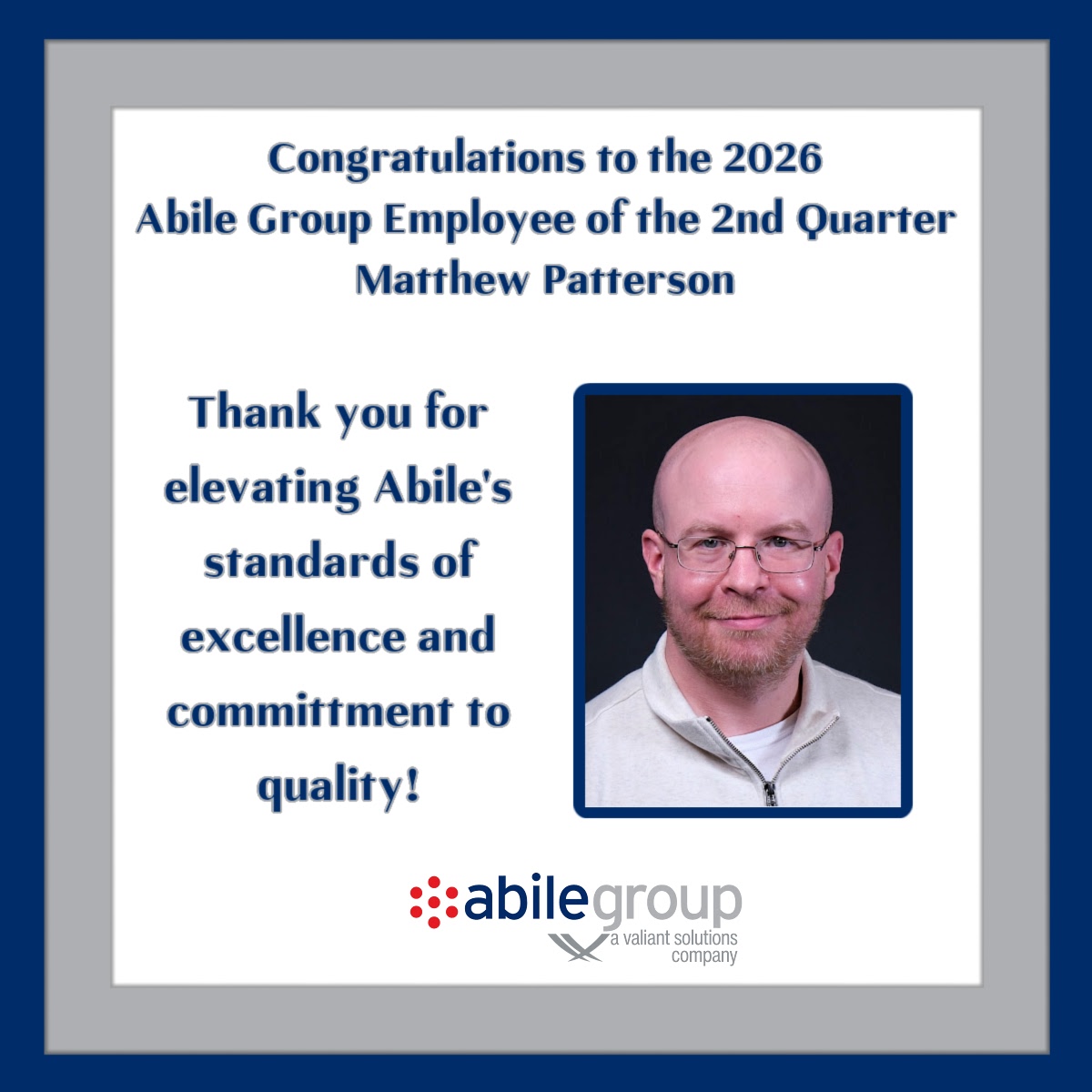 AbileGroup's tweet photo. We’re proud to recognize Matt Patterson as our Employee of the 2nd Quarter! His outstanding leadership and impact on the Implementation Team continue to elevate the program and inspire those around him. Congratulations, Matt! #AbileFamily #EmployeeOfTheQuarter https://t.co/ISk3HCVP8D