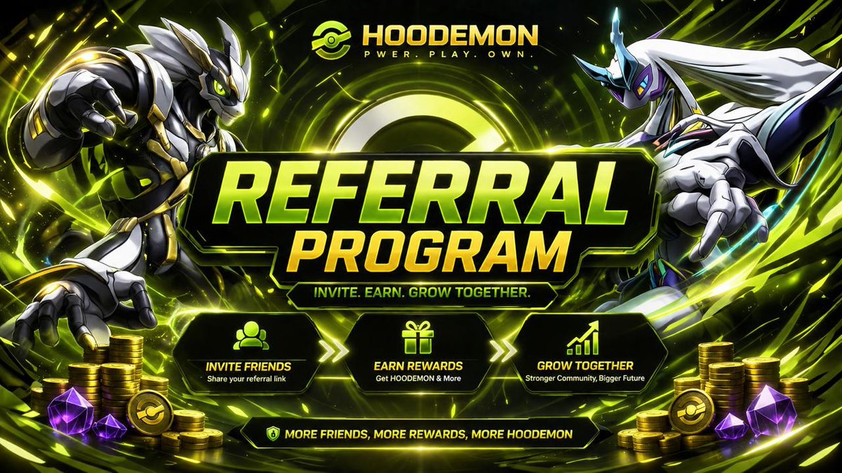 Hoodemonfun's tweet photo. Hoodemon just launched its referral program, and this one actually pays out.

Here is how it works: you get a unique referral code. Share it with anyone. When they sign up and start playing, you earn coins automatically as they level up. No manual claiming, no waiting — the system tracks their progress and drops the coins straight into your account.

The milestones are real money in the game. Your recruit hits Diamond tier, you get 15.000 coins. They hit Champions tier, you get 40.000 more. The more people you bring in, the more you stack — and it compounds if you recruit multiple players.

The program also has built-in anti-abuse protection, so rewards go to real players who are actually grinding, not throwaway accounts.

If you have been waiting for a reason to bring your friends into Hoodemon, this is it. Go to the Referral tab, copy your code, and start recruiting.
$HDMON