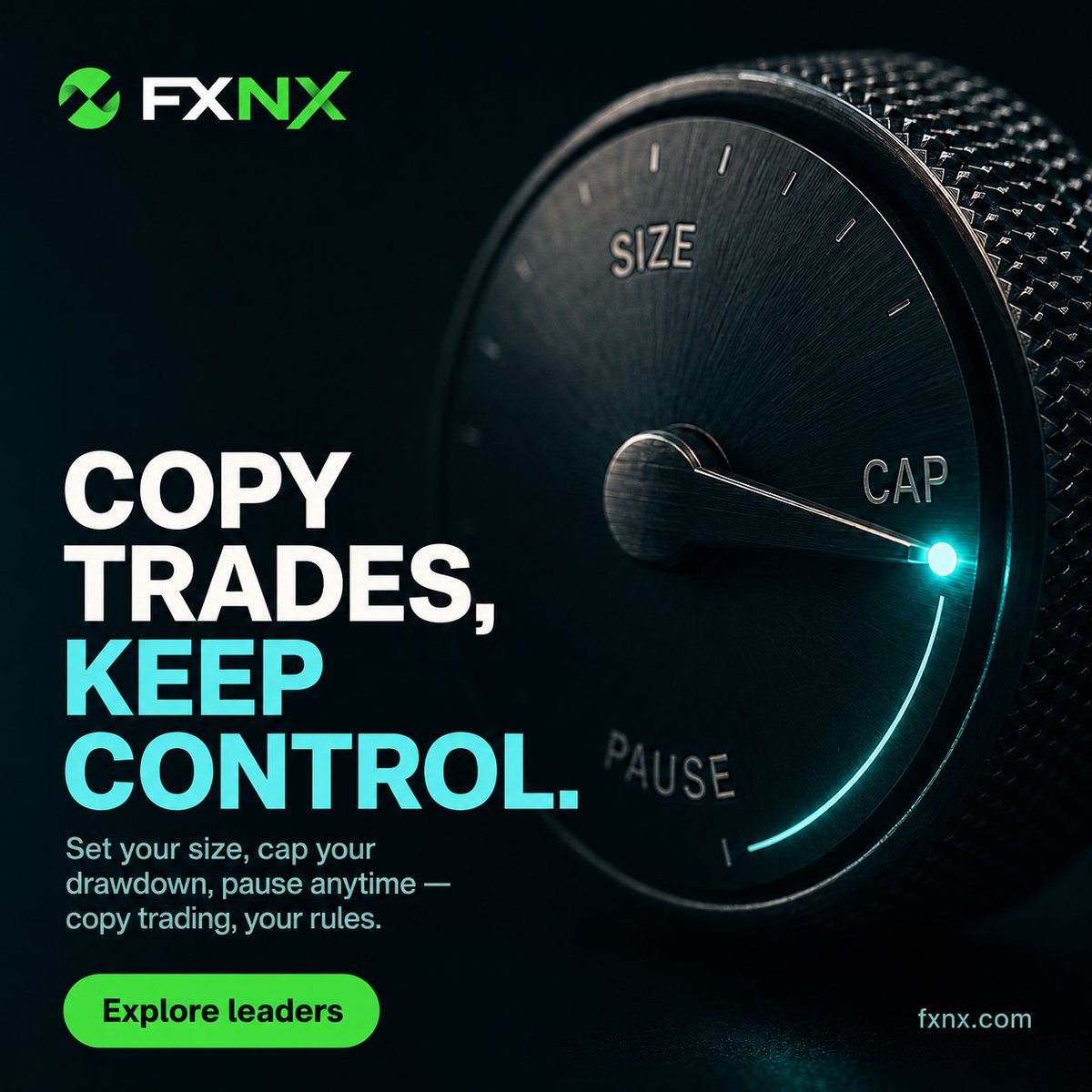 fxnx_official's tweet photo. Copy trading without handing over the wheel. Choose how much, cap your risk, pause in one tap โ your positions stay yours to manage. โ https://t.co/UTqamluQVX CFDs carry risk. Not financial advice. #FXNX #CopyTrading #RiskControl https://t.co/Slwoyl0YT9