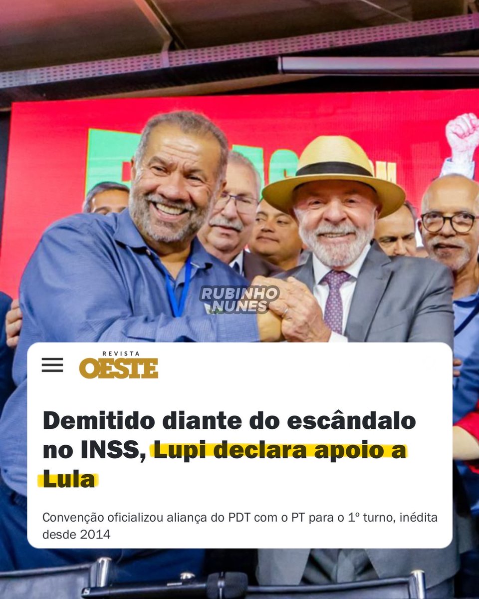RubinhoNunes's tweet photo. CARLOS LUPI:

• Alertado sobre fraudes desde 2023.
• Sindicato do irmão de Lula sob suspeita de “caixinha” para amiga 
• Número 2 da Previdência preso pela PF.
• Foto com camisa da Conafer, uma das principais investigadas.
• Caiu no governo Dilma após denúncias de favorecimento a ONGs.

Lula: 👇🏼