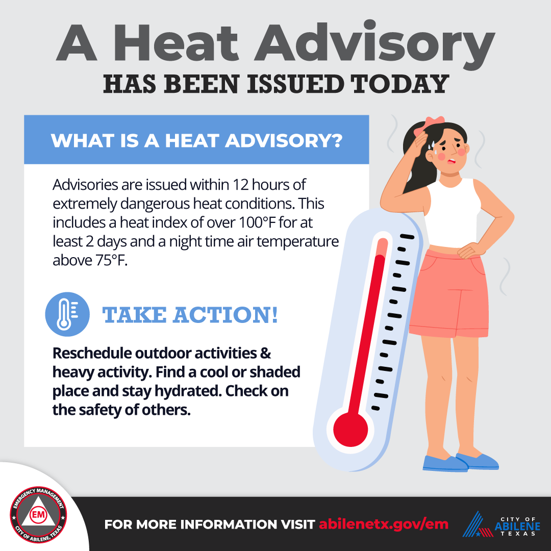 CityOfAbilene's tweet photo. 🌡️ It's going to be a hot one today! When heat advisories are issued, do what you can to stay out of the sun. https://t.co/Y3dDXi0Qom