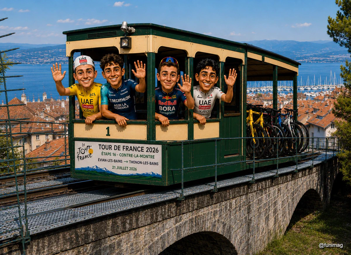 Après avoir tourné autour du funiculaire de Thonon-les-Bains, les favoris ont fini par craquer... ils sont remontés en funiculaire ! 😄
(NB. Ne cherchez pas cette scène dans la réalité : ceci est une caricature. 😉) 