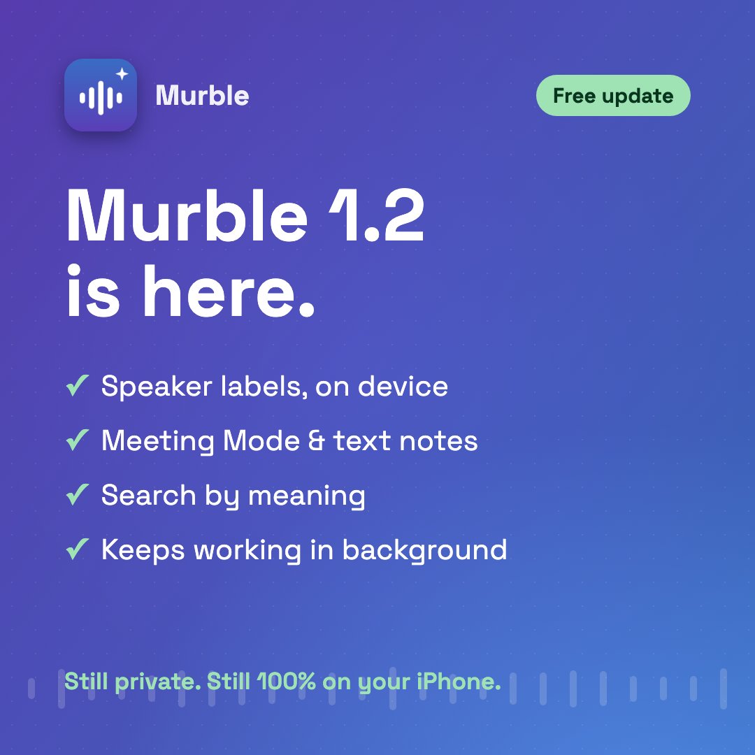 booncol's tweet photo. Murble 1.2 is out.

Recordings now get speaker labels. 
Also new: Meeting Mode, typed notes, search that understands meaning, and processing that keeps going when you leave the app.

Still no account, still nothing uploaded. Free update: https://t.co/EyEuMLJC7a https://t.co/RDUPbL1vTI