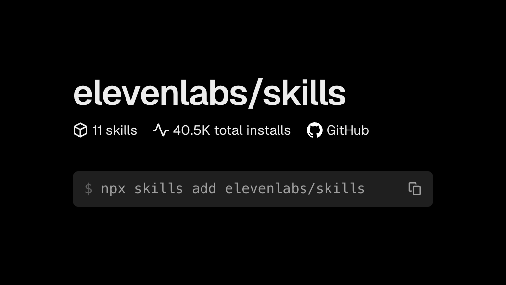 ElevenLabsDevs's tweet photo. ElevenLabs Skills just crossed 40,000 installs.

Use them to build apps with Text to Speech, Speech to Text, ElevenAgents, Music, Sound Effects, Voice Isolation, and more. https://t.co/5Wfnm44tPv