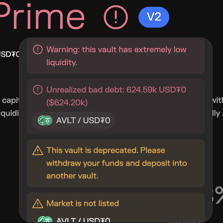 nicolas56009185's tweet photo. @alturax ⚠️ Alpha USDT Prime (Morpho) is now marked "deprecated" +
"not listed" by the curator. Unrealized bad debt: 624k+ USDT0 and rising.

If you still have funds in there, get out NOW — whoever's left absorbs
the bad debt. I know a technique to create your own withdrawal window.
DM me https://t.co/X7U0d70bca