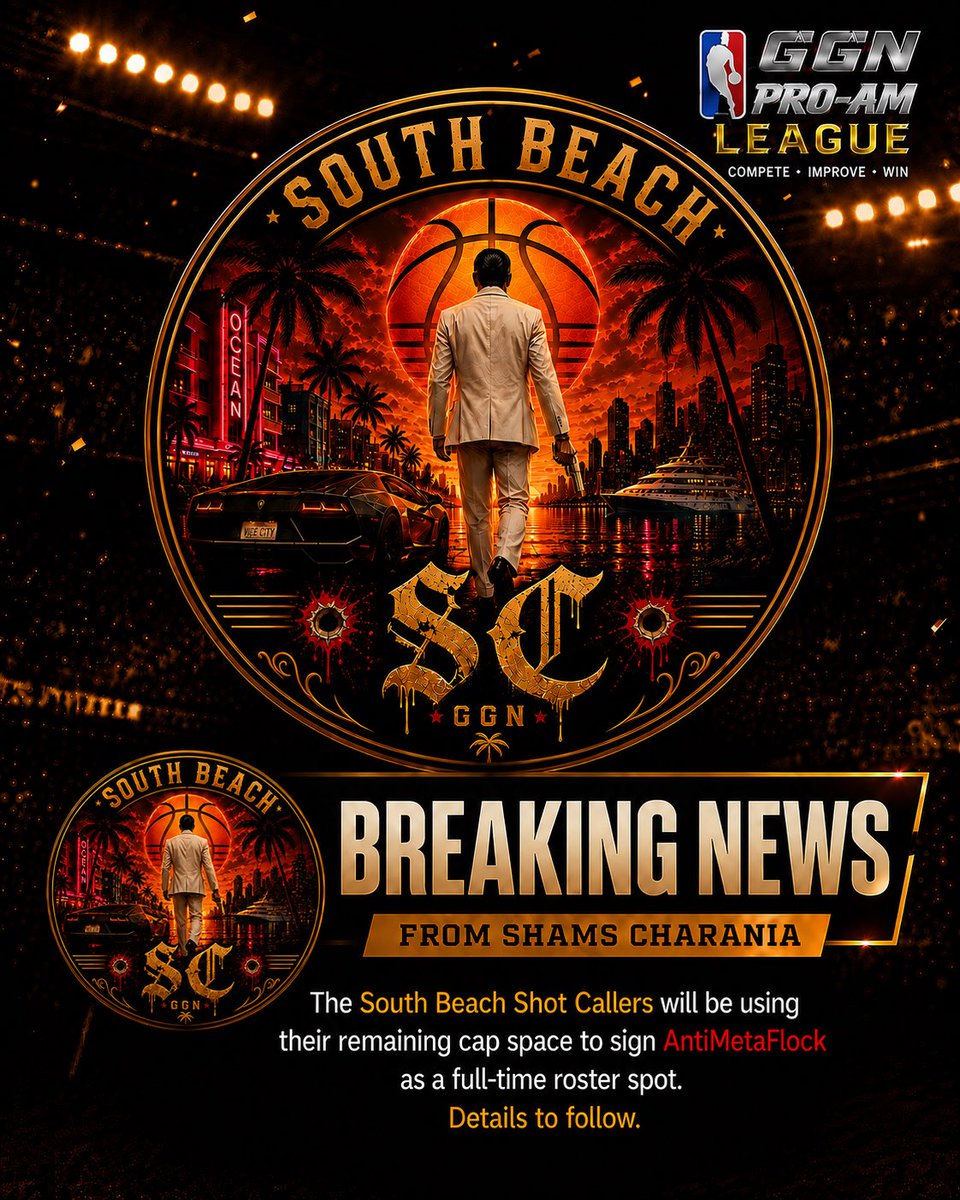GGNProAmLeague's tweet photo. 🚨 GGN PRO-AM LEAGUE SEASON 3 🚨

The South Beach Shot Callers will be using their remaining cap space to sign AntiMetaFlock as a full-time roster spot.

Details to follow.

#GGNProAmLeague #GGN2K https://t.co/uRlO7qFoak